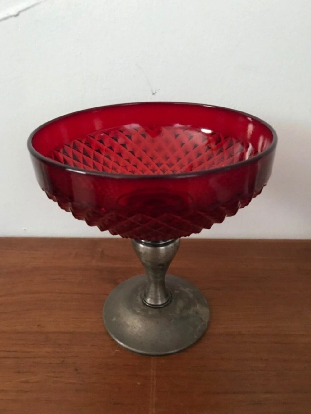 Vintage ALVIN Sterling Silver Diamond Point Ruby Pedestal Compote Serving Dish
